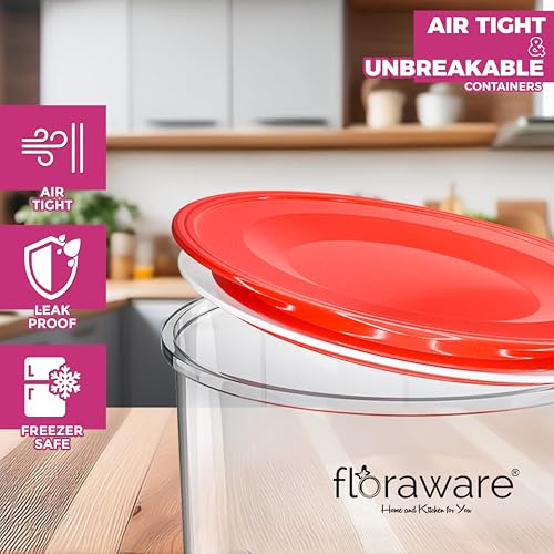 Image of Floraware Plastic Storage Jar and Container Set I Air Tight & BPA Free Containers for Kitchen Storage Set I Grocery Kitchen Container Set I Multipurpose Jar, 600 Ml Each, Set 6, Red