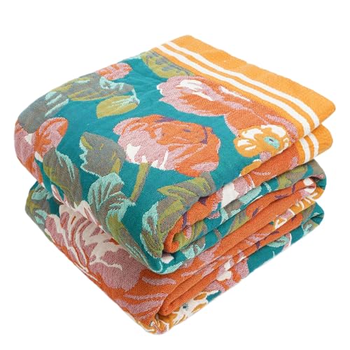 Boho Throw Blanket, 100% Organic Cotton Breathable Ultra Soft 60" x 80" Bed Quilt Throw - All Season Floral Rustic Farmhouse Decor Luxury Reversible Blanket for Sofa Couch Chair and Gift