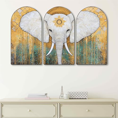 Image of Livin'luxe Majestic White Elephant Wall Painting | Spiritual & Artistic Set of 3 MDF Panels | Golden Teal Abstract Decorative Wall Art for Living Room, Bedroom & Home Decor (20 x 30 Inch) RPNS-28