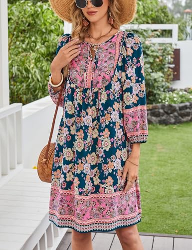 Image of Bluetime Women Casual Summer Dress Boho V Neck 3 /4 Sleeve Babydoll Floral Print Flowy Beach Dress