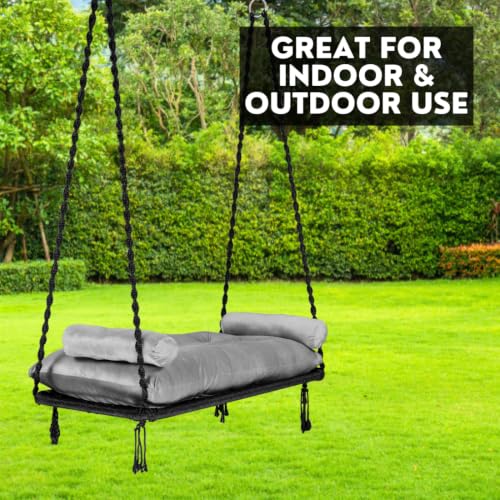 Image of Patiofy Double Seater Plank Swing for Adults | Indoor and Outdoor Use | Jhula for Adults with Grey Sitting Cushion & With Round Bolster Pillow | Hanging Kit Included | Weight Capacity - 150 Kg - Black