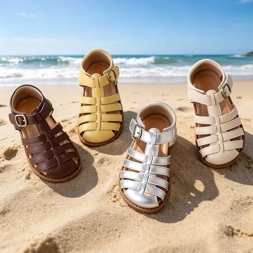 Image of Toddler Girl Sandals with Flower, ‌Breathable Leather kids Closed Toe Sandals, Soft Rubber Non-Slip Summer Shoes for Little Girls 2-7 Years