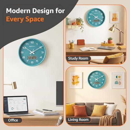 Image of Amazon Basics 12.5 Inch Analog Digital Wall Clock with LCD Display | Calendar Day Date Temperature | Silent Non-Ticking Sweep Movement | Large Dial Visibility | Dual Battery Powered (Sea Green)