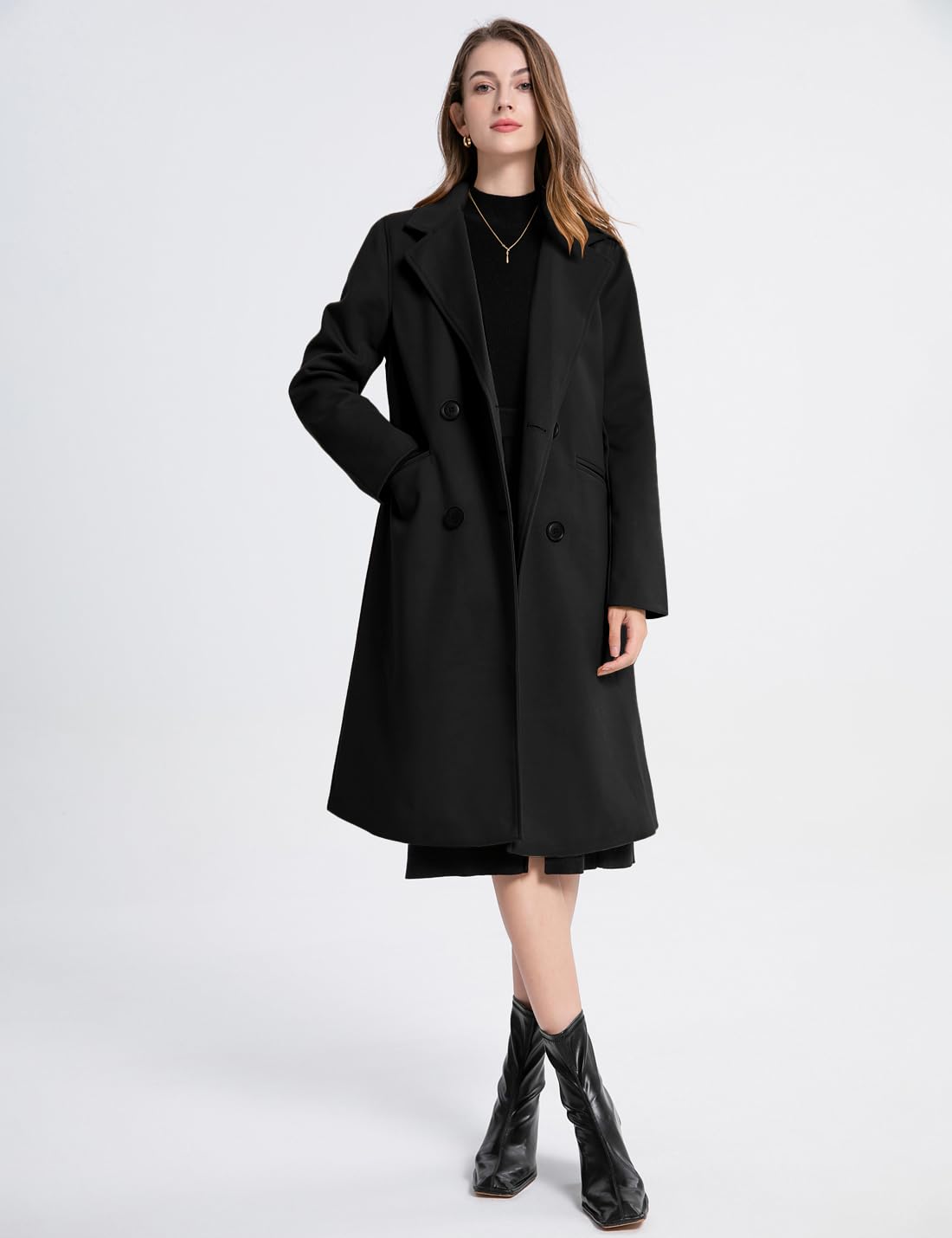 Manteau d'hiver en laine mélangée pour femme - Col à revers - Double boutonnage - Décontracté - Moyen - Long - Trench - Vestes d'extérieur