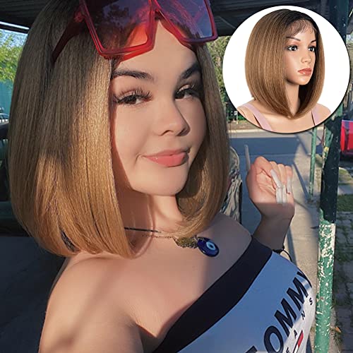 Joedir Bob Yaki Perücke, gerade Lace-Front, 30,5 cm, transparent, tief, vorzuzuzupfen, mit Babyhaar-Perücken für schwarze Frauen (Ombré-Braun) Cover