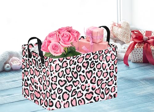 Image of Rectangle Gift Storage Basket Home Shelf Storage Basket Organizer Box Clothes Laundry Hamper Nursery Basket Laundry Basket with Handles (Leopard Heart)