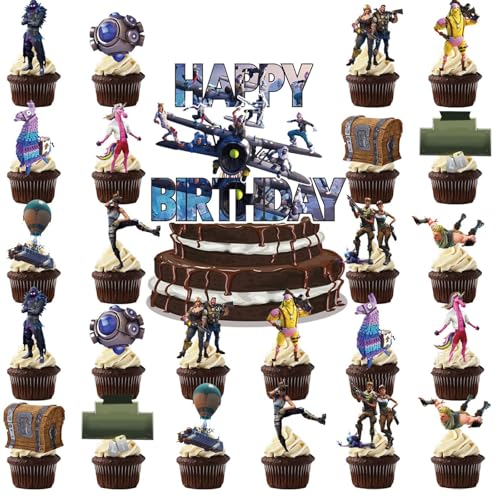 MUNSKT 25 piezas de decoración para tarta de cumpleaños de videojuegos, 15 cm + 7 personajes + insignia de papel de oblea para fiestas, suministros de decoración para niños, adultos, niñas y niños