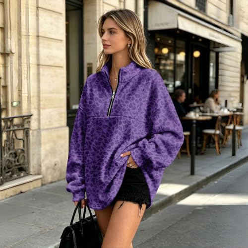 Quarter Zip Pullover Women Leopard Flannel Sweatshirt Trendy Pullover Tops - image 3