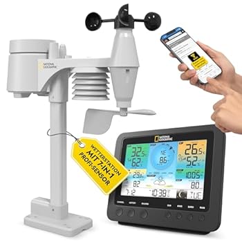 National Geographic Estación meteorológica radiocontrolada con sensor exterior con WLAN, centro meteorológico a color con sensor profesional 7 en 1 para viento, humedad, temperatura, precipitaciones, nivel de radiación ultravioleta e intensidad de la luz: Estación meteorológica radiocontrolada con pantalla a color de 5,7'' claramente estructurada con retroiluminación led, función WLAN y multisensor 7 en 1 Multisensor 7 en 1 con mediciones de velocidad y dirección del viento, humedad, temperatura, prec...