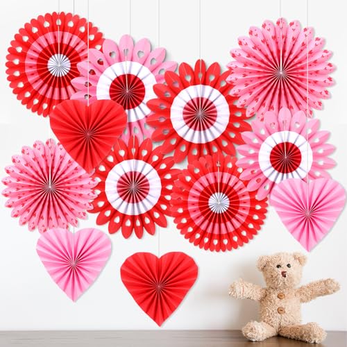 MotiMind 12 Pcs Red Paper Fans Hanging Paper Fans Flower Set Red Party Decorations Photo Backdrop for Wedding Birthday Engagement Bridal Shower Bachelorette Anniversary Baby Shower Holiday Celebration