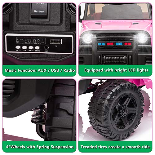 JOYMOR Ride on Truck with Remote Control, 4 Wheels 12V Battery Powered Kids Car, with LED Headlight/Horn Button/ MP3 Player/USB Port/ Forward Backward/Kids Girl Boy (Pink)