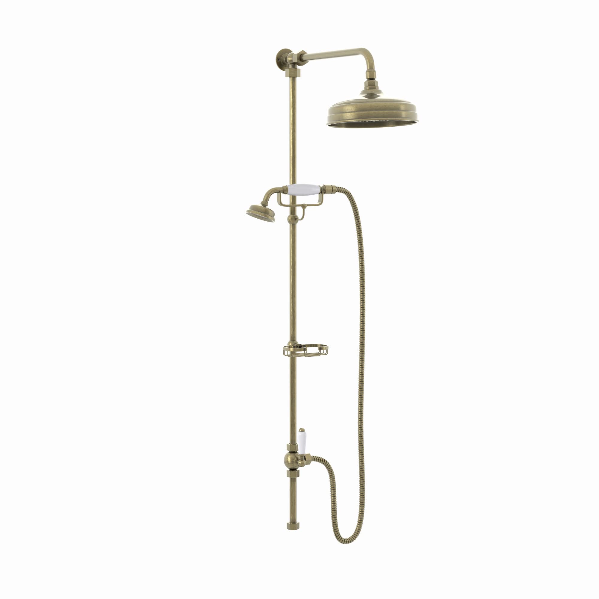 ENKI, Downton, RG046 Traditional Dual Rigid Shower Riser Kit with Diverter, Large Overhead Shower, Telephone Style Handset, Caddy, Antique Brass