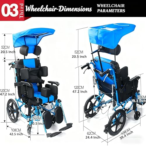 Image of Pediatric Reclining Wheelchair for Kids & Teens, 16 inch Rear Wheels, Foldable Aluminum Frame with Dining Tray & Canopy, Adjustable Seat Width for Cerebral Palsy & Neurological Support (Blue)