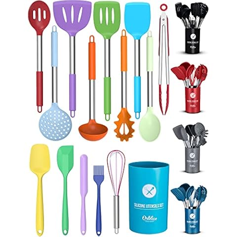 ORBLUE Silicone Kitchen Utensils, 14-Piece Kitchen Utensil Set with Holder, Cooking Utensils Set Safe Food-Grade Silicone Heads and Stainless Steel Handles with Heat-Proof Silicone, Multi-Colored Cover