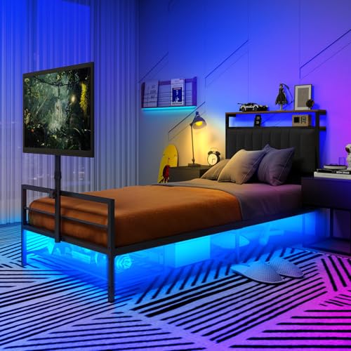 Twin Size Gaming Bed Frame With Storage Headboard,Black Metal Twin Bed Frame With LED Light Rotating TV Mount Charging Station,College Dorm Room Essential,Heavy Duty Twin BedFrame No Box Spring Needed