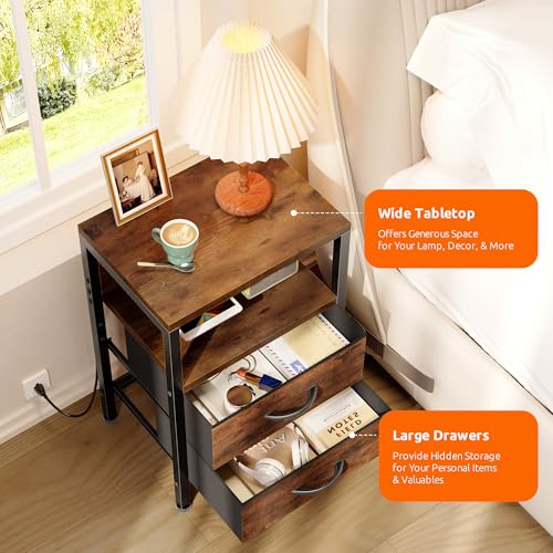 Lazzanto NightStand Bedside Charging Table Bedroom - Brown Night Stand with Charger Station, Modern Bed Side End Table with Open Shelf & 2 Fabric Drawers, USB-C Port for Dorm, Living Room - Image 5