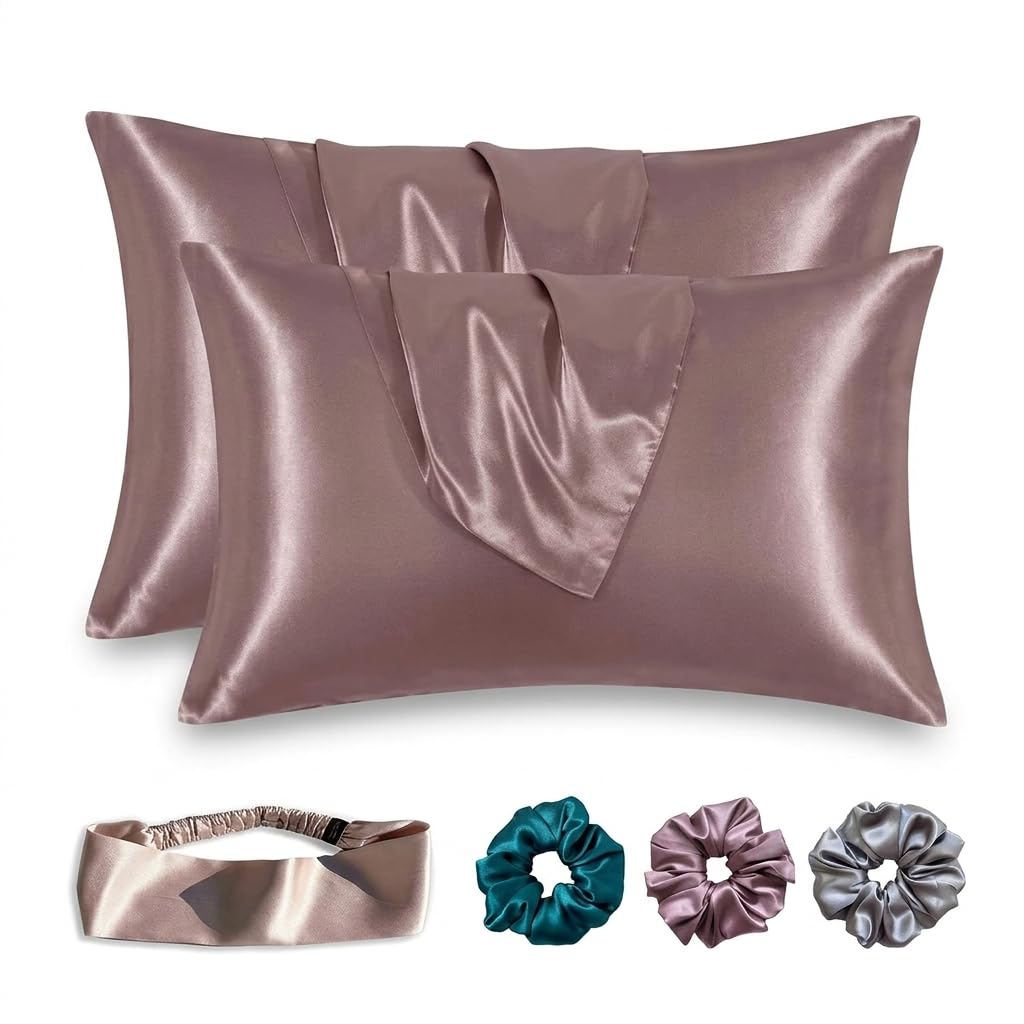 Satin Pillow Cover for Hair and Skin 2 Piece with 3 Piece Satin Silk scrunchies| 1 Silk Hair Band | Silk Pillow Covers with Envelope Closure Set of 2 Pillow Cover-image-27