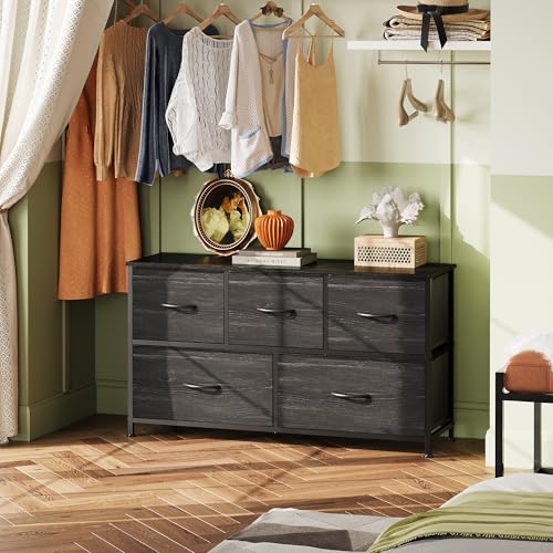 Image of WLIVE Dresser for Bedroom with 5 Drawers, Wide Chest of Drawers, Fabric Dresser, Storage Organizer Unit with Fabric Bins for Closet, Living Room, Hallway, Charcoal Black Wood Grain Print