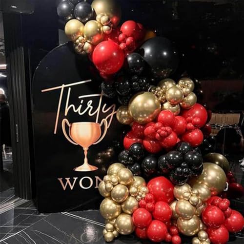 Image of PartyWoo Red Black Gold Balloons, 140 pcs Red Black and Chrome Gold Balloons Different Sizes Pack of 18 Inch 12 Inch 10 Inch 5 Inch for Balloon Garland as Graduation Decorations, Party Decorations