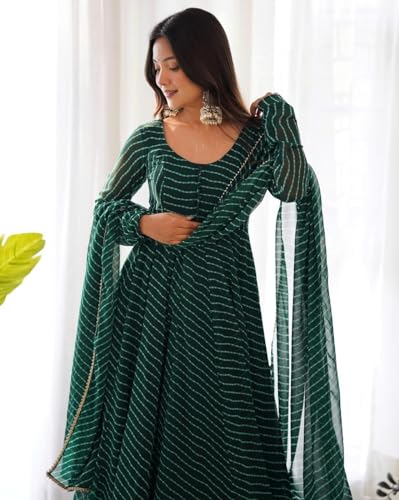 Image of Women's Lehariya Print Georgette Anarkali Fit Long Sleeves Lightweight Ethnic Wear Gown + Dupatta (H E 00391)