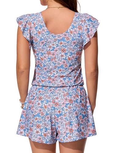 Image of Smismivo Swim Romper with Built in Bra and Pockets Swim Dress Modest One Piece Swimsuit Full Coverage Bathing Suit