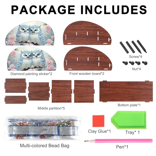 Image of Diamond Art Painting Organizer Box, DIY Owls and Flowers Design Special Shape Diamond Partial Mosaic Handmade Making Kit Organizer Box, Modern Home Dining Living Room Table Top Decor Art Decoration