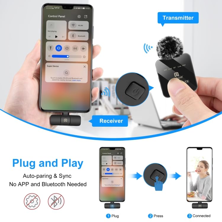 Image of Wireless Lavalier Microphone for Type-C Phone, Type-C Receiver and Dual Microphones Puluz (Black)