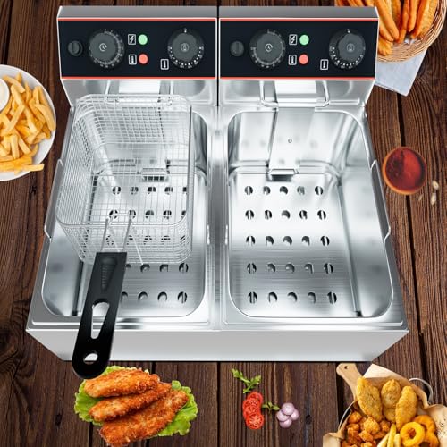 GarveeHome Commercial Deep Fryer with Basket, 8.4 QT/8 L Stainless Steel Electric Countertop Fryer with Double Tanks and Temperature Control for Restaurant and Home Use,1800 W+1800 W