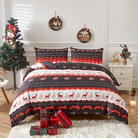 LAMEJOR Christmas Duvet Cover Set Queen Size Soft, Christmas Theme Reindeers/Bells/Christmas Trees Pattern Holiday Decor, 1 Duvet Cover+2 Pillow Cases Cover