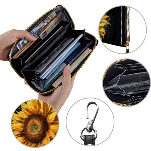 Image of Women's Wallets,Credit Card Holder Money Leather Long Wallet with Wristlet,Large Capacity with Zip-Around Phone Purse for Women Ladies Girls,Sunflower