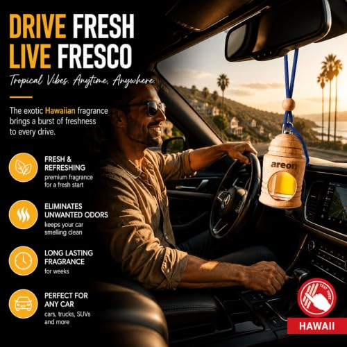 Image of AREON Fresco Premium Hanging Car Air Freshener, Hawaii, Pack of 1 | Premium Wooden Hanging Car Air Freshener with an Elegant, Compact Design. Suitable for Use in Cars, Suvs, Vans, and Trucks.