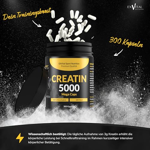 Creatin 5000 Mega Caps, 5000 mg Creatin Monohydrat pro Tagesdosis, 300 vegane Kapseln, 100% rein mit Mesh Faktor 200- Vegan & laborgeprüft