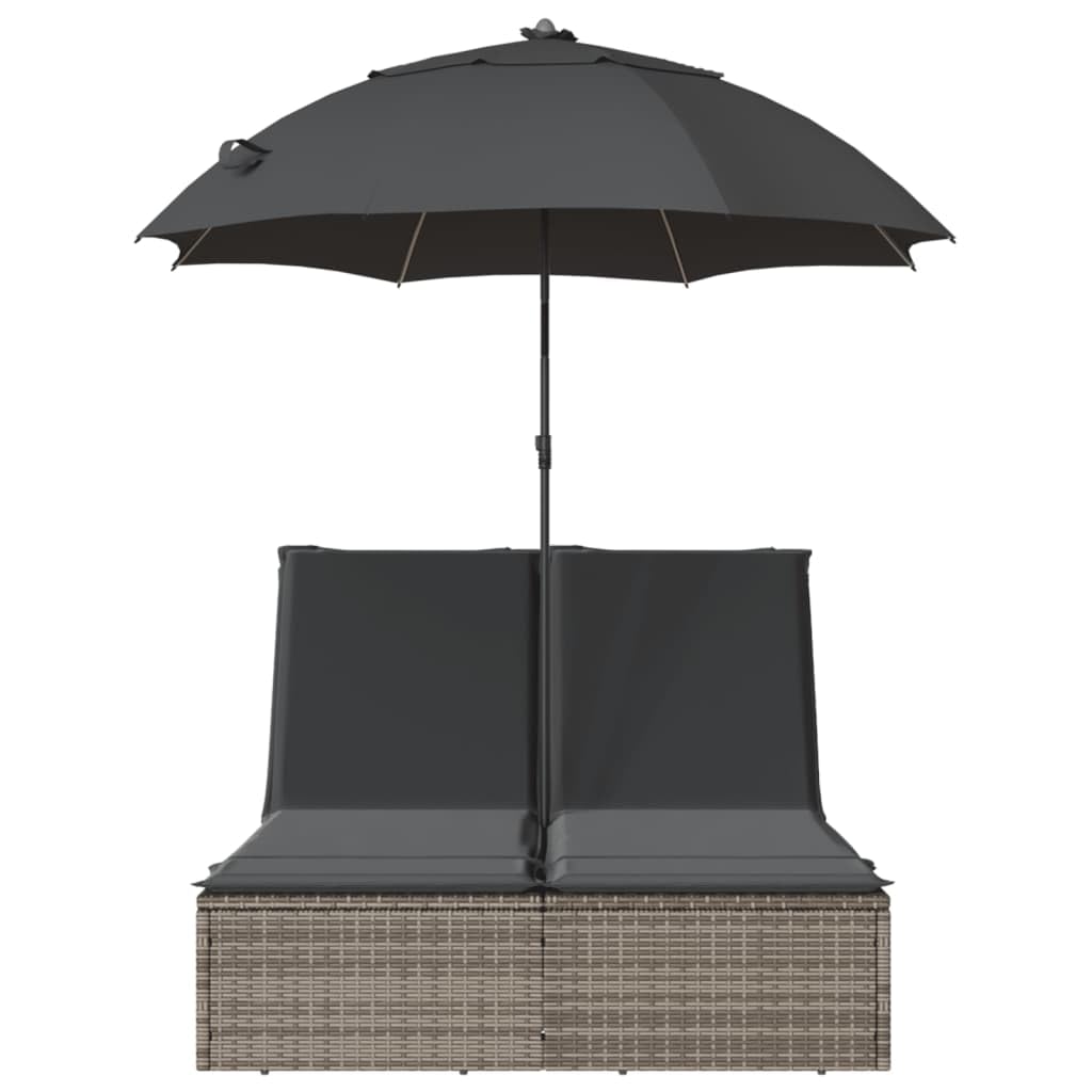 vidaXL Chaise Longue Double et Coussins et Parasol Gris résine tressée