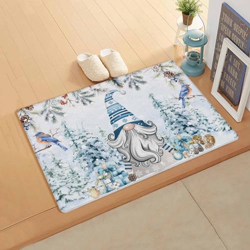 Christmas Gnomes Blue Kitchen Bath Door Mat Cushioned Runner Rug,Washable Welcome Floor Sink Antifatigue Mat,Waterproof & Non-Slip Comfort Standing Doormat,Winter Berries Pinecones Bird Truck 18