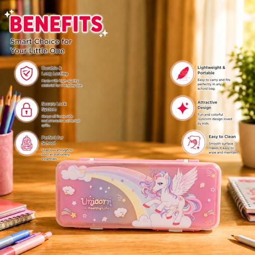 Image of WISHKEY Unicorn & Mermaid Pencil Box for Kids Large Capacity Double-Sided Pencil Case with Multiplication Table Secure Lock Spacious Compartments Cute School Stationery Box for Girls Multicolor