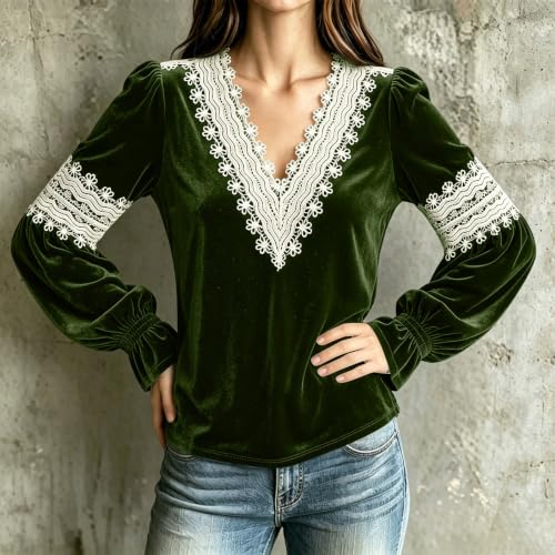 Velvet Tops for Women Dressy Long Sleeve Lace V Neck Blouse Army Green - image 8