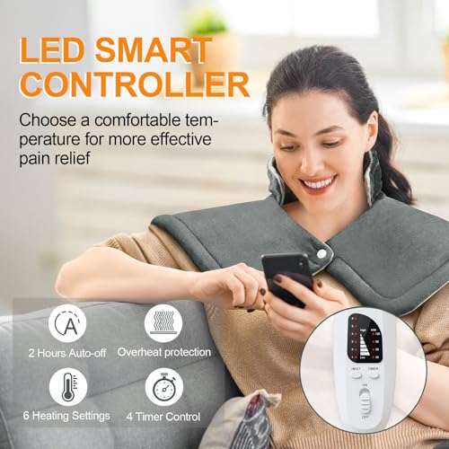 Image of Heating Pad for Neck and Shoulders and Back, Mothers Day Gifts for Mom Wife Grandma, Birthday Gifts for Women, Weighted Neck Heating Pads, Large Heat Pad, 6 Heat Settings 4 Auto-Off, 17 inchx23 inch Steely