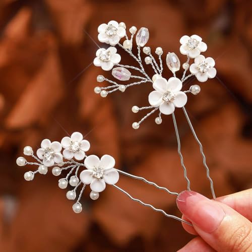 Fstrend Wedding Bridal Hair Pins Bride Flower Pieces Rhinestone Pearls Accessories Clip for Women and Girls2