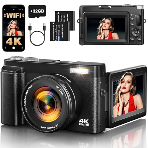 4k Digital Camera for Photography, 64MP Autofocus WiFi Vlogging Camera for YouTube with 3'' 180° Flip Screen,Travel Camera with SD Card, Point and Shoot Digital Camera 16X Zoom, UV Filter,2 Batteries