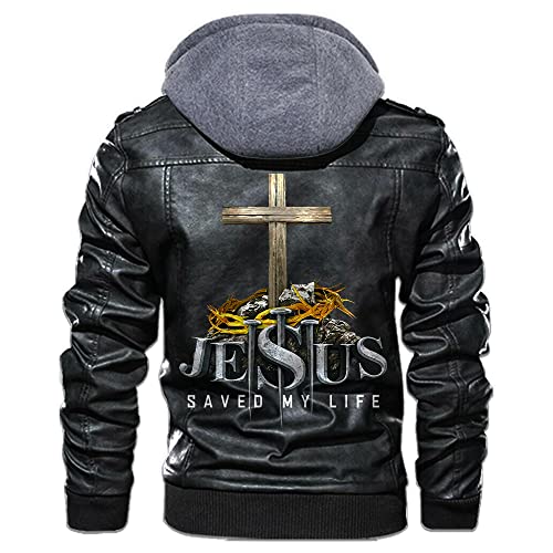 Jesus Saves Saved My Life God Believer |Custom Name|Men Black Brown Leather Jacket Coat With Removable Hood3