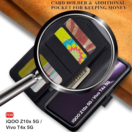 Image of TheGiftKart Flip Cover Back Case for iQOO Z10x 5G / Vivo T4x 5G | Genuine Leather Finish | Designer Button | Inbuilt Pockets & Stand | Flip Flip Back Case Cover (Faux Leather, Black)