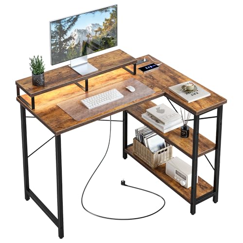 CubiCubi L-förmiger Schreibtisch, 105x80cm Gaming Tisch mit LED & Steckdosen, Wendbarer Eckschreibtisch, Computertisch mit Monitorständer für Home Office, Spielen, Studium, Vintagebraun