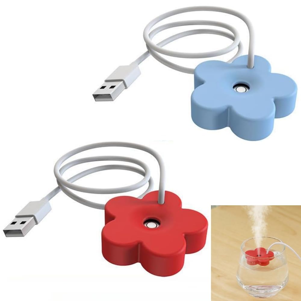 2 Pack Mini USB Humidifier, Portable Quiet Mist Maker with Auto Shut-Off, Small Personal Desk Air Humidifier for Car Bedroom Office Travel Home (Red & Blue)