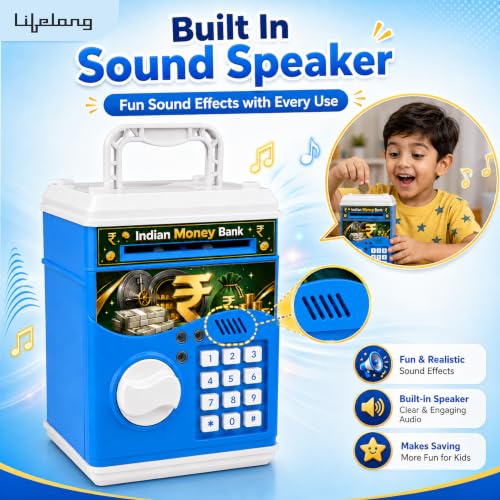 Image of Lifelong Cuppy ATM Money Bank (Blue) for Kids | Digital Money Bank with Light, Sound & Cash Coin Slot | Password Protected Electric ATM Machine | AAA Battery Operated Musical Piggy Bank Toy for Kids