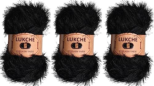Image of Eyelash Fun Fur Yarn Premium 100% Polyester 164 Yds (150 Mt), 3.53 Oz (100 Gr) Colorful Crochet Yarn Dıy Hand Knitting (Black, 3 Skein)