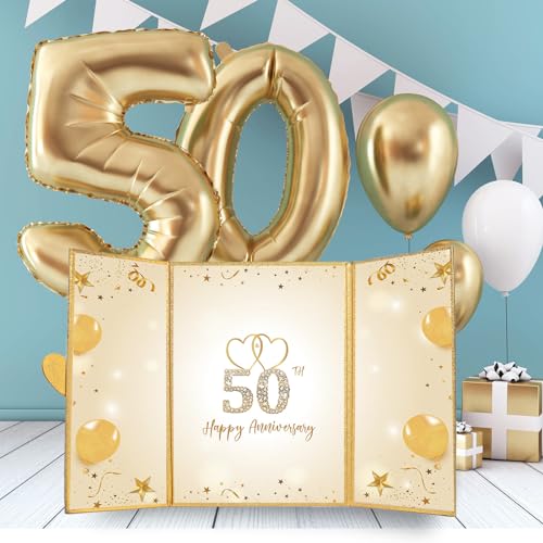 Image of Happy 50th Anniversary Guest Book Alternative Signature Book for Women Men | White Gold 50th Wedding Anniversary Decorations, 50 Anniversary Signature Book, 50 Years Gift Card Anniversary Party Supplies