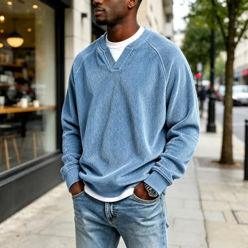 Men's Corduroy Shirts Long Sleeve Layered Top V Neck Tshirts - image 2