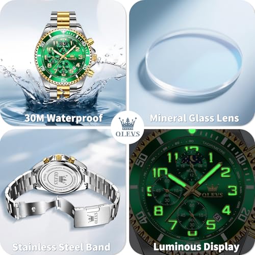 Image of OLEVS Watches for Men Stainless Steel Dress Men Watch with Date Big Face Chronograph Waterproof Luxury Fashion Watch Blue /Black /Gold /Green /Silver Face Relojes para Hombres