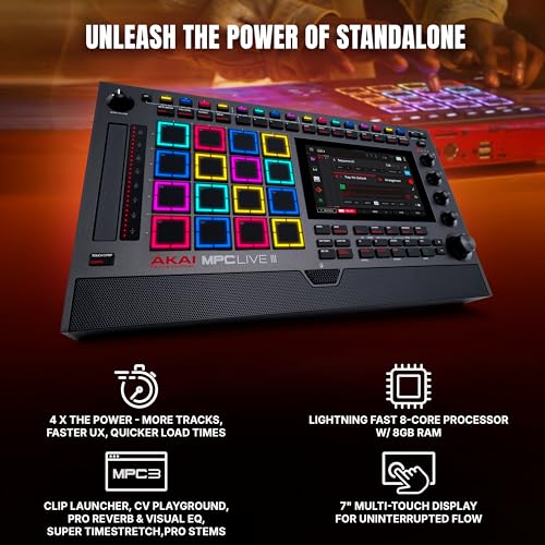 Image of Akai Professional MPC Live III Standalone Portable Music Production Center with MPCe Pads, Sequencer, Touchscreen, Mic, Stereo Monitors, Audio Interface, Wi-Fi, Bluetooth, Battery, Touchstrip