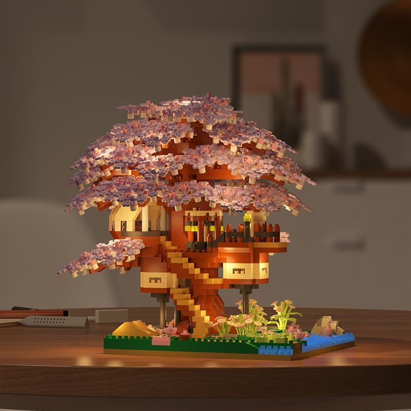 Image of SKY LINE OCEAN Cherry Blossom Bonsai Tree Building Set with LED Lights - 2229+ Micro Pieces Japanese Sakura Tree House Model Kit, Purple Collectible for Adults & Teens (14+) | 6 Months Warranty